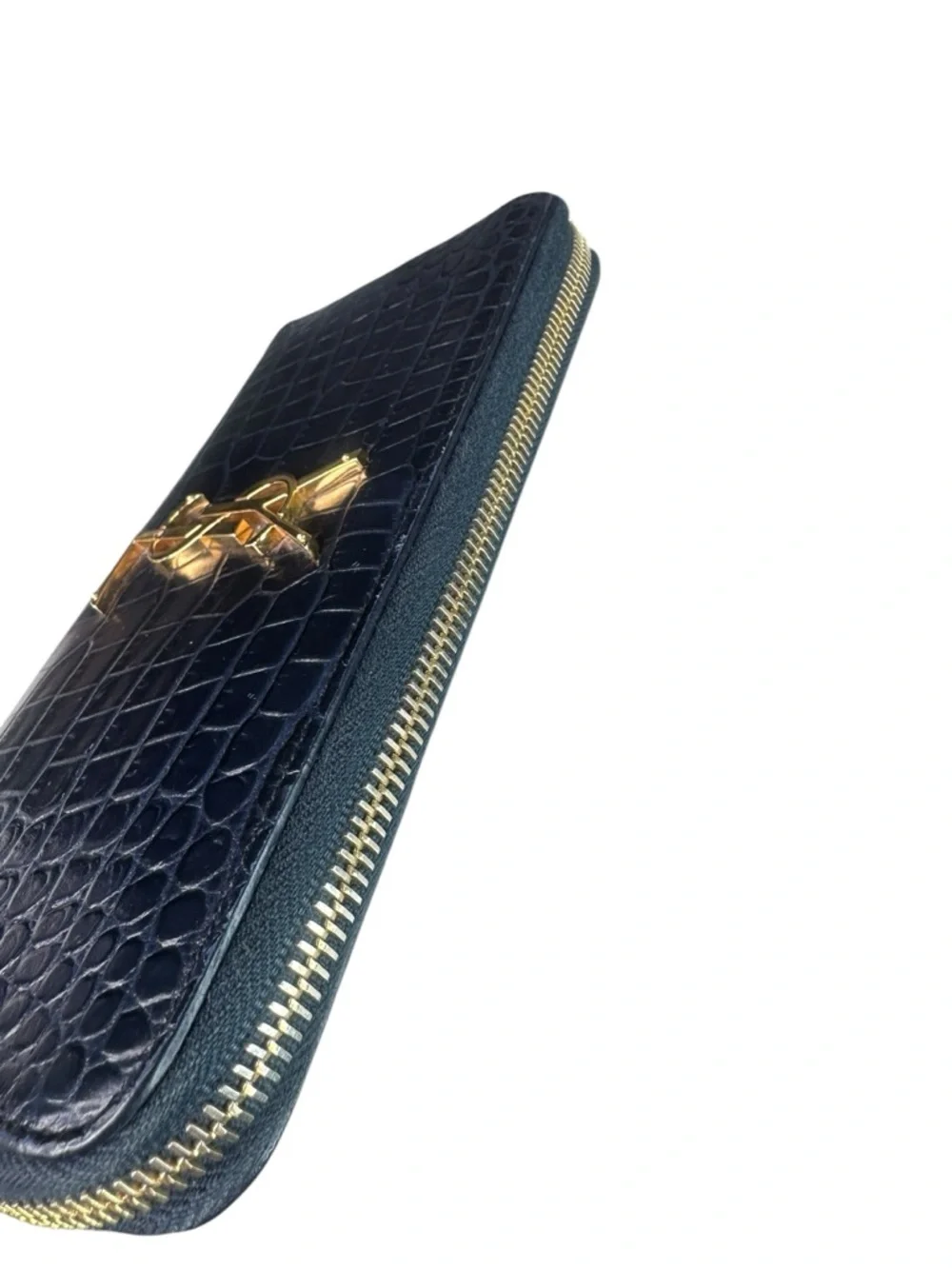 Yves Saint Laurent Navy Croc-Embossed Zip Wallet with Gold YSL Emblem - Picture 4 of 11